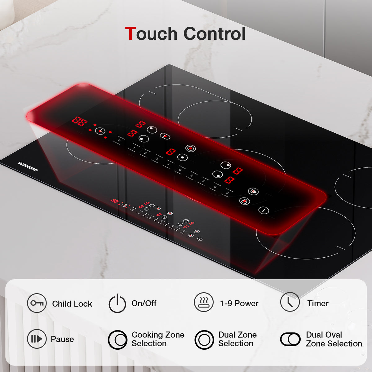 WEHIMO Ceramic Hob 5 Plates 77cm, Hob 8600W, 9 Levels, Touch Control per Zone, Automatic Shut-off, Ceramic Hob Suitable for All Pots and Pans
