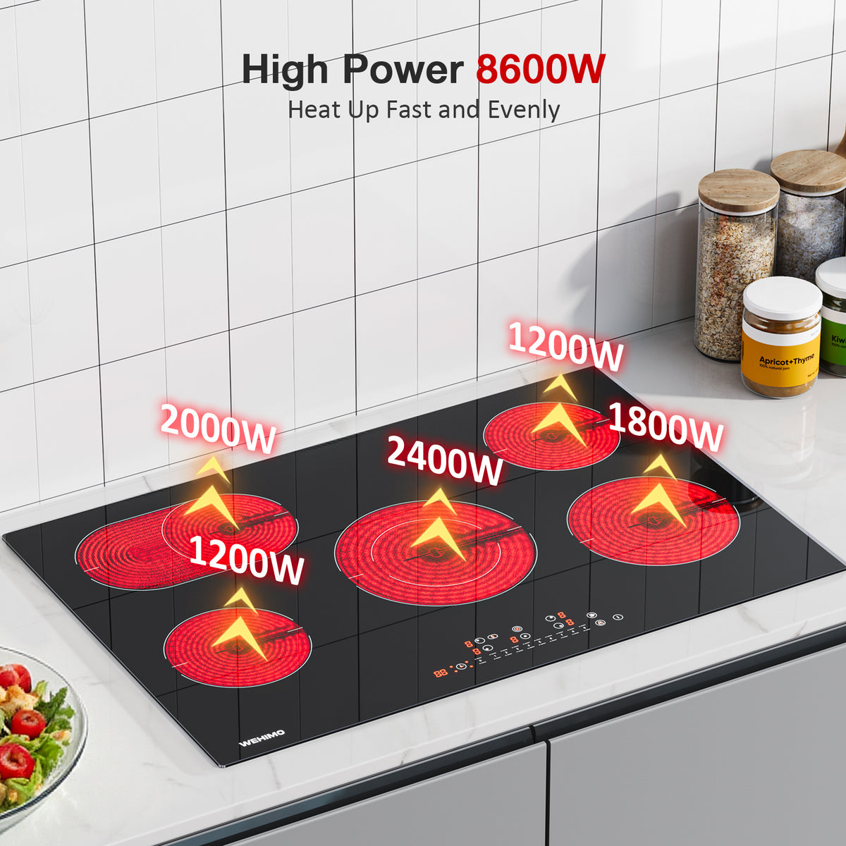 WEHIMO Ceramic Hob 5 Plates 77cm, Hob 8600W, 9 Levels, Touch Control per Zone, Automatic Shut-off, Ceramic Hob Suitable for All Pots and Pans