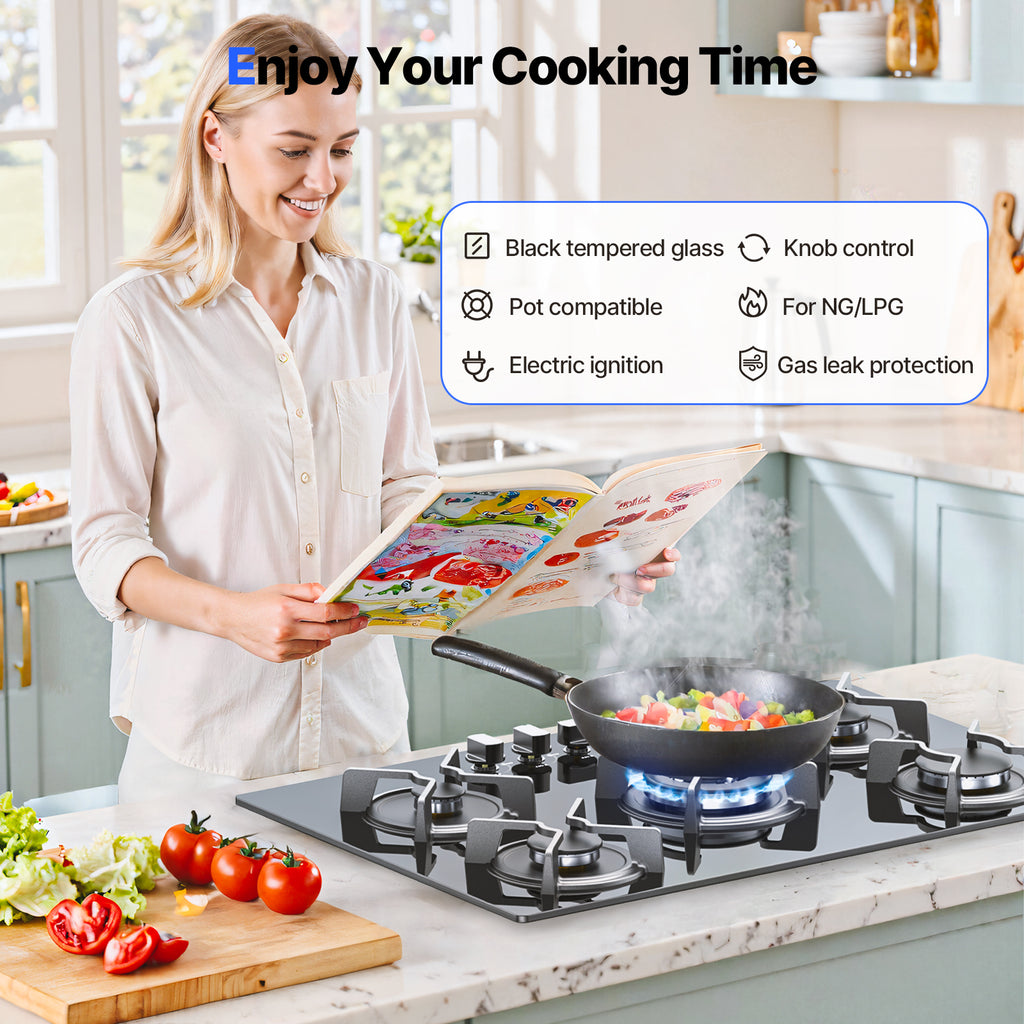 Gas Hob 5 Burners, WEHIMO Built-in Cooktop, Gas Hob 77cm, 10500W, Cast Iron Grate, Town Gas and Bottled Gas, Black Glass