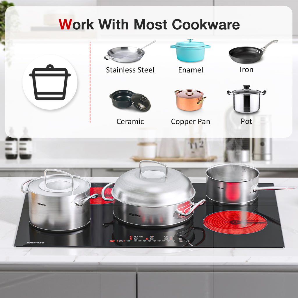 WEHIMO Ceramic Hob 5 Plates 77cm, Hob 8600W, 9 Levels, Touch Control per Zone, Automatic Shut-off, Ceramic Hob Suitable for All Pots and Pans