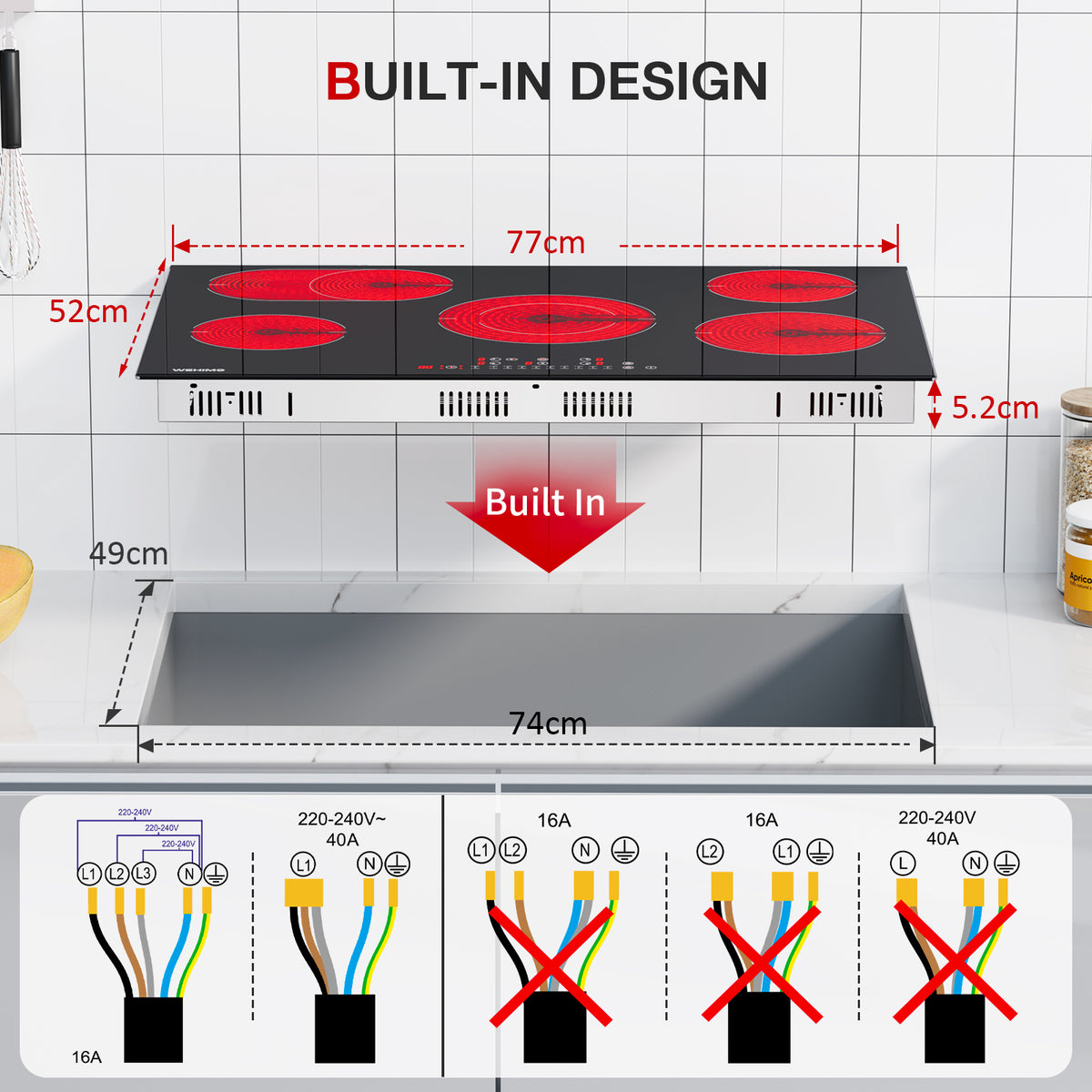 WEHIMO Ceramic Hob 5 Plates 77cm, Hob 8600W, 9 Levels, Touch Control per Zone, Automatic Shut-off, Ceramic Hob Suitable for All Pots and Pans