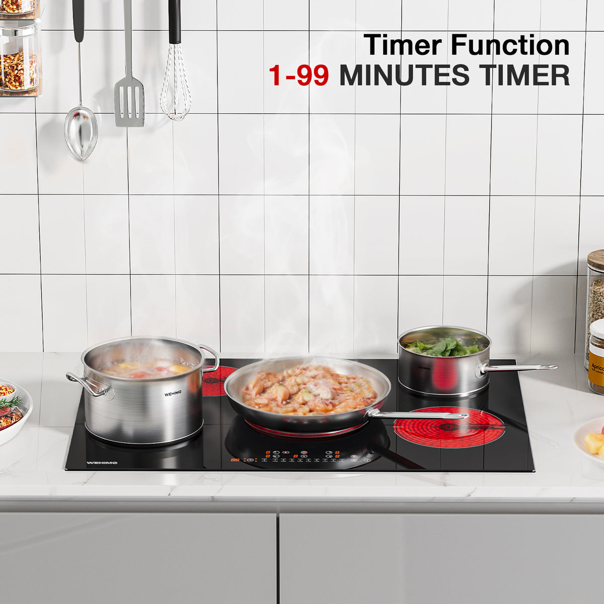 WEHIMO Ceramic Hob 5 Plates 77cm, Hob 8600W, 9 Levels, Touch Control per Zone, Automatic Shut-off, Ceramic Hob Suitable for All Pots and Pans