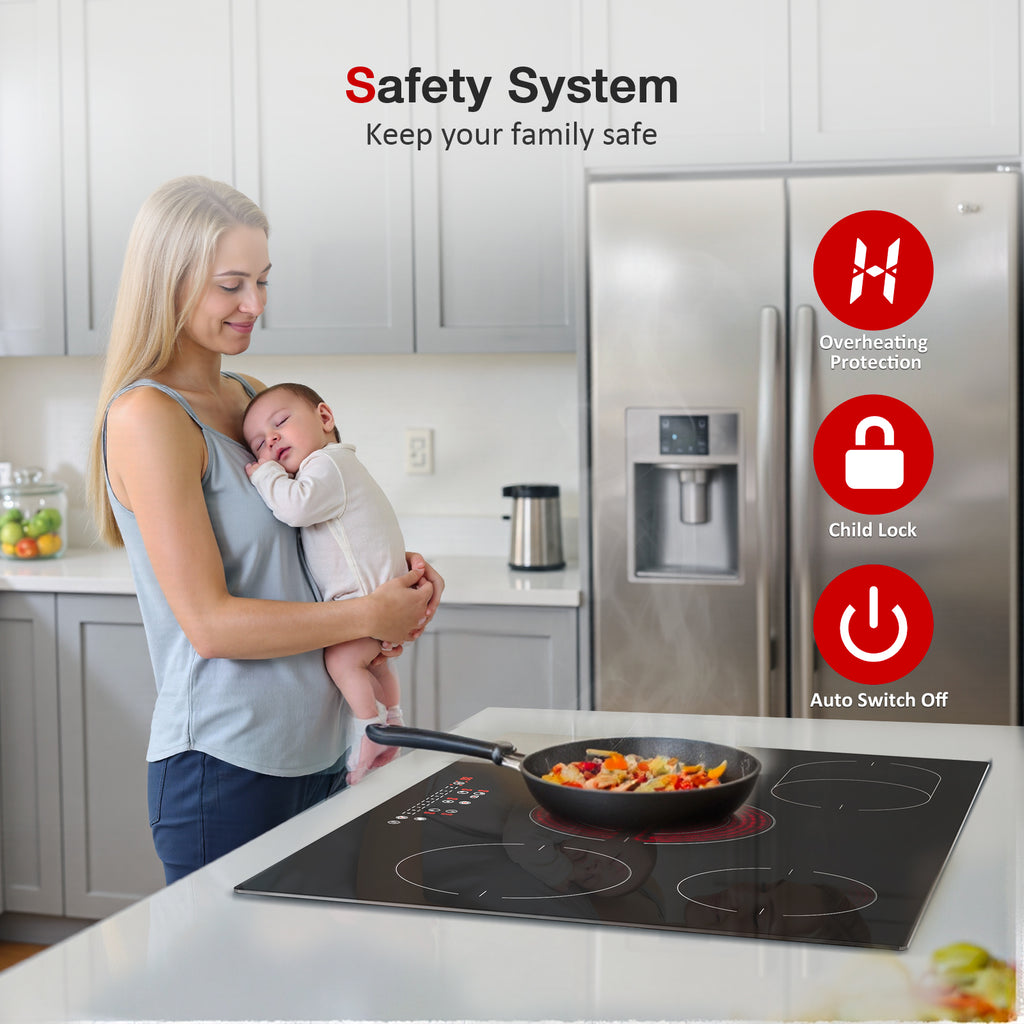 WEHIMO Ceramic Hob 5 Plates 77cm, Hob 8600W, 9 Levels, Touch Control per Zone, Automatic Shut-off, Ceramic Hob Suitable for All Pots and Pans