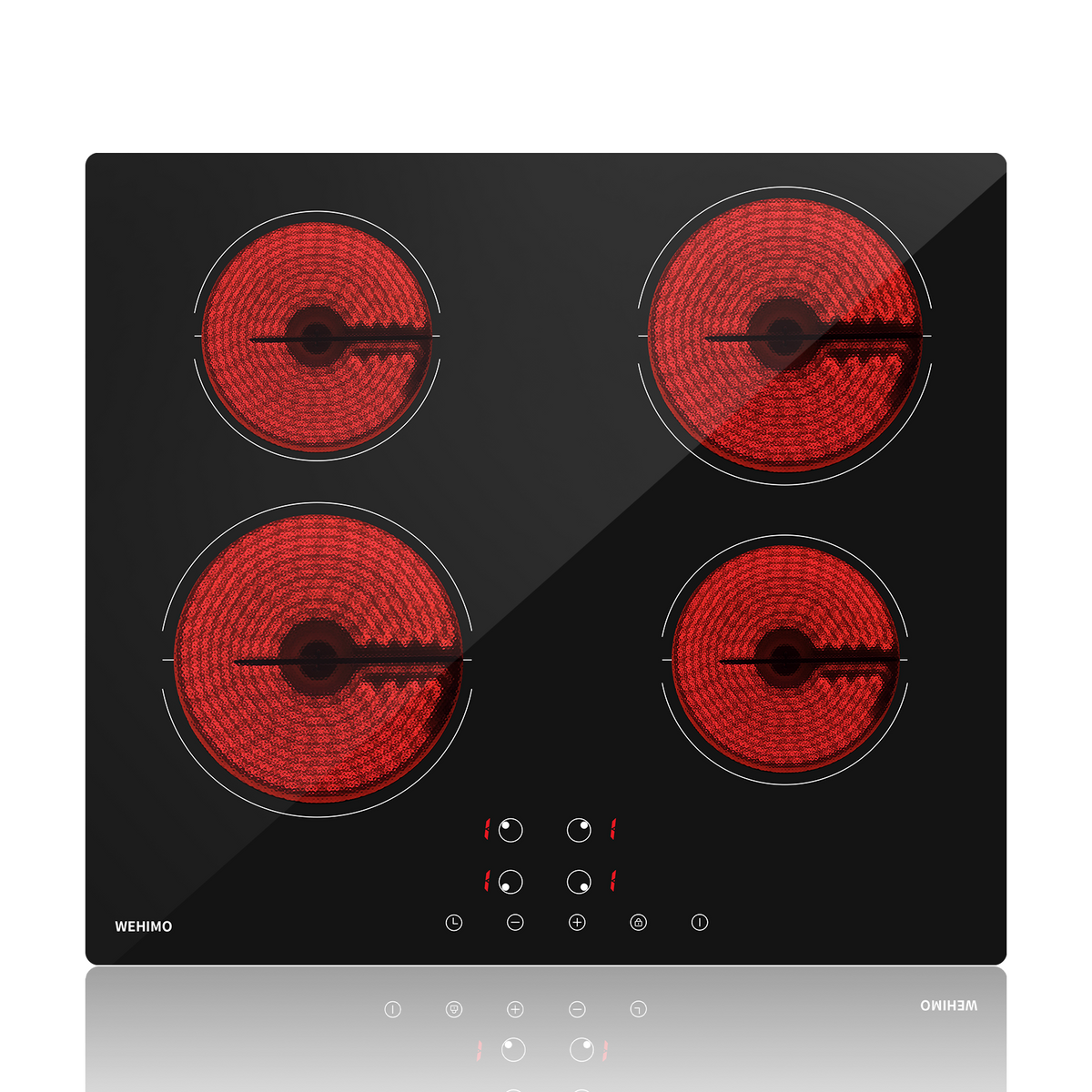Ceramic Hob 4 Plates, WEHIMO Ceramic Hob 60cm, 6000W, 4 Cooking Zones with Dual Cooking Zone, 9 Levels, Child Lock, Timer, Built-in Frameless Ceramic Hob, Suitable for All Pots