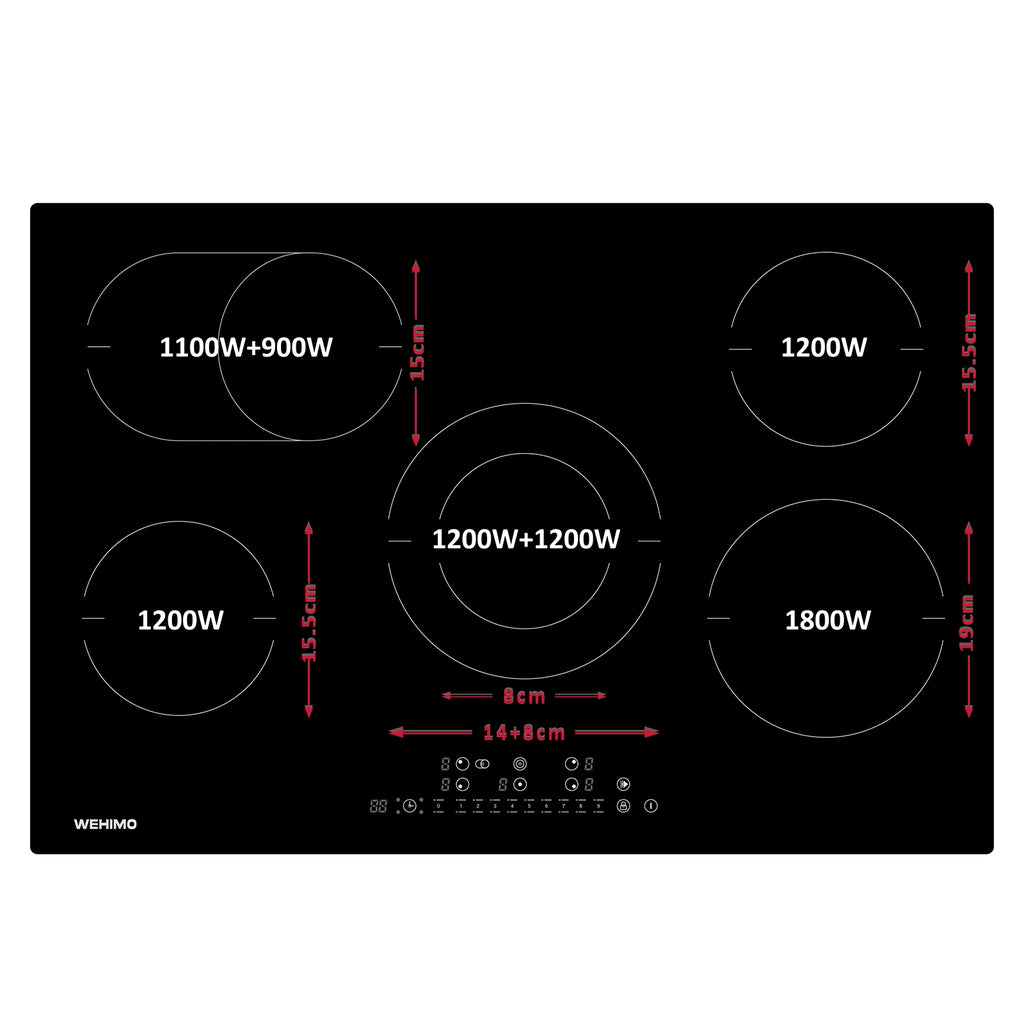WEHIMO Ceramic Hob 5 Plates 77cm, Hob 8600W, 9 Levels, Touch Control per Zone, Automatic Shut-off, Ceramic Hob Suitable for All Pots and Pans