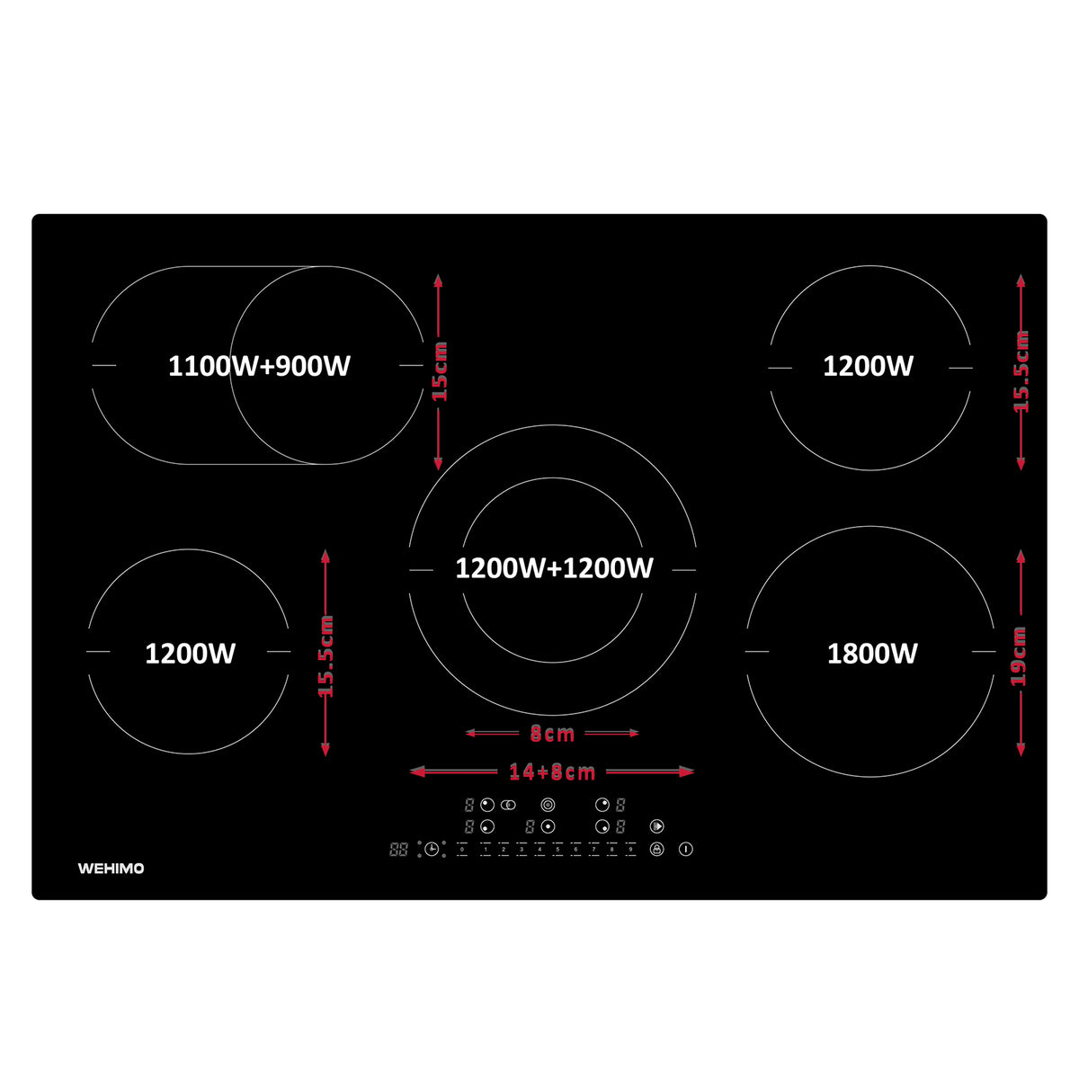 WEHIMO Ceramic Hob 5 Plates 77cm, Hob 8600W, 9 Levels, Touch Control per Zone, Automatic Shut-off, Ceramic Hob Suitable for All Pots and Pans