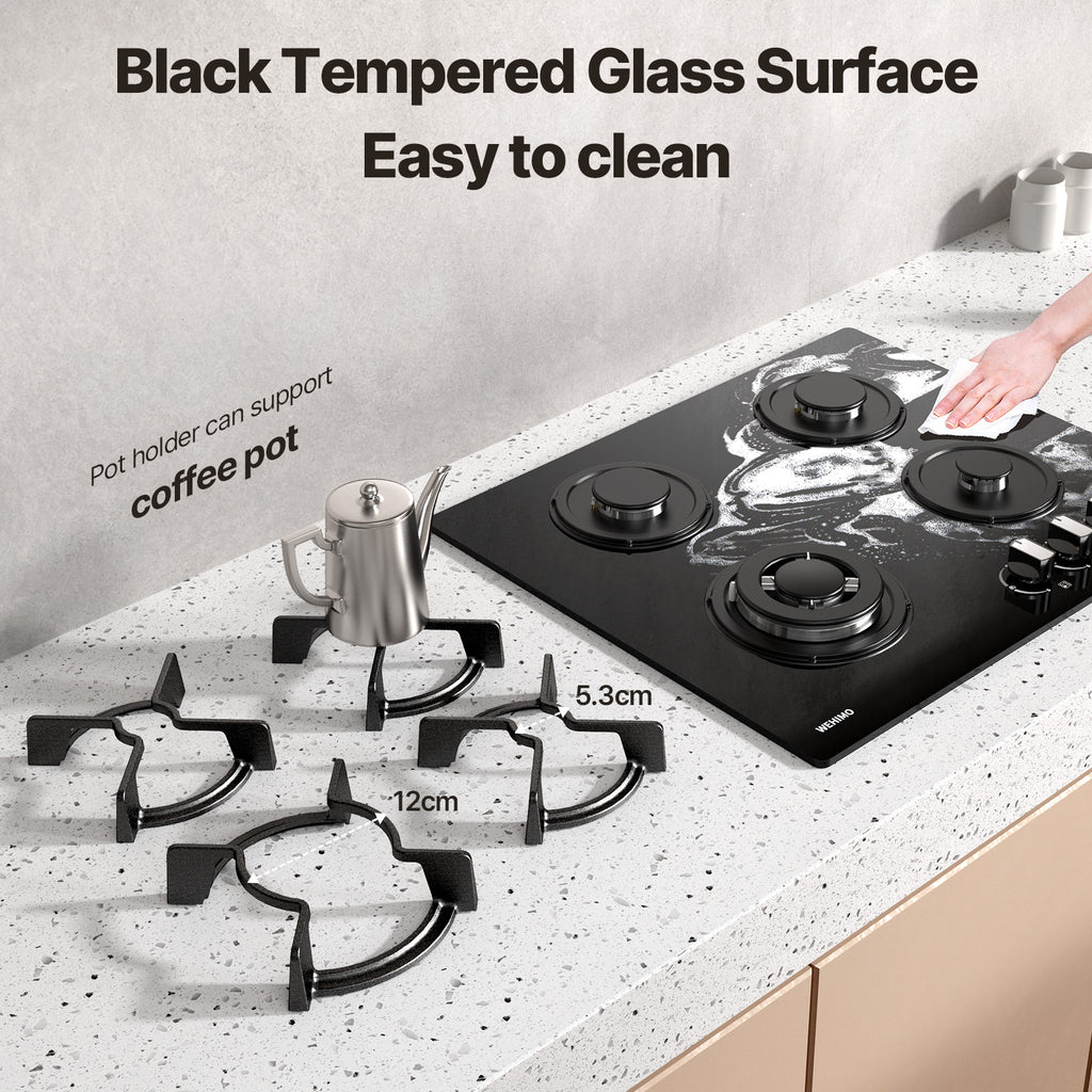 WEHIMO Gas Hob 4 Burner, Glass Built-in Gas Hob, 59cm, 7800W, 4 Cooking Zones (3300W+1750W+1750W+1000W), 4 Zone Gas Hob for Propane Gas and Natural Gas, Black Glass, Suitable for All Pots