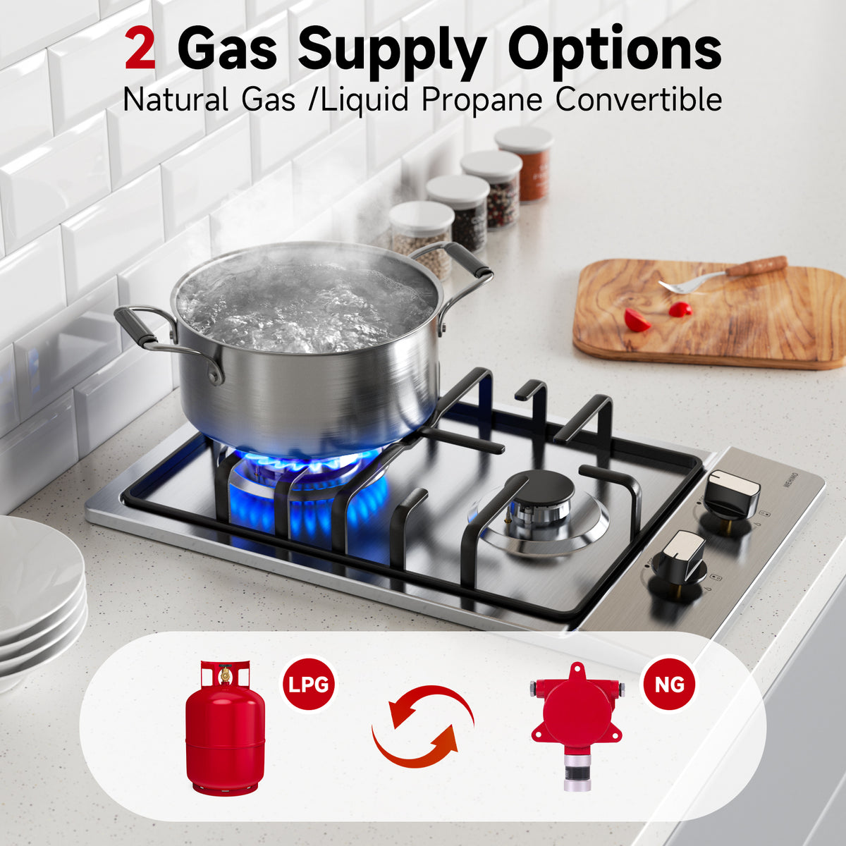 WEHIMO Gas Hob 2 Burners, Gas Hob 2 Burners Stainless Steel, Gas Cooker 2 Burners, Built-in, Cast Iron Grate, 3700W, Town Gas and Bottled Gas