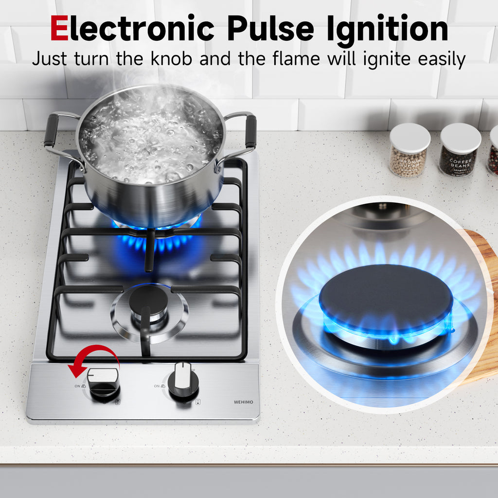 WEHIMO Gas Hob 2 Burners, Gas Hob 2 Burners Stainless Steel, Gas Cooker 2 Burners, Built-in, Cast Iron Grate, 3700W, Town Gas and Bottled Gas