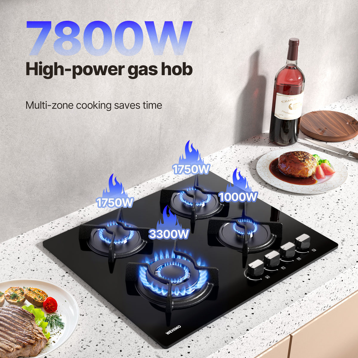WEHIMO Gas Hob 4 Burner, Glass Built-in Gas Hob, 59cm, 7800W, 4 Cooking Zones (3300W+1750W+1750W+1000W), 4 Zone Gas Hob for Propane Gas and Natural Gas, Black Glass, Suitable for All Pots
