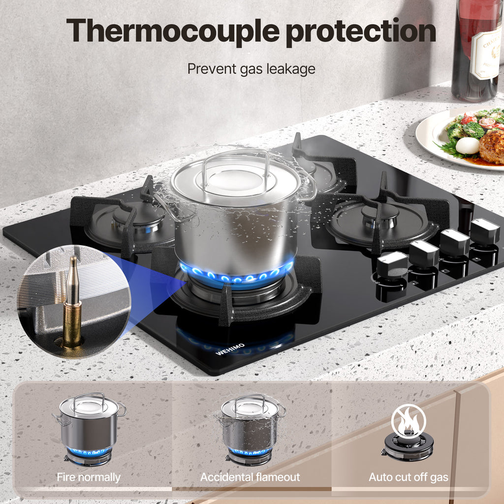 WEHIMO Gas Hob 4 Burner, Glass Built-in Gas Hob, 59cm, 7800W, 4 Cooking Zones (3300W+1750W+1750W+1000W), 4 Zone Gas Hob for Propane Gas and Natural Gas, Black Glass, Suitable for All Pots
