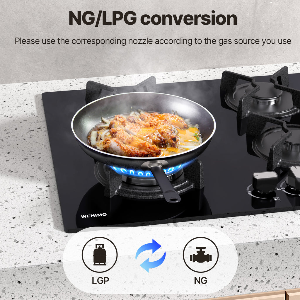 WEHIMO Gas Hob 4 Burner, Glass Built-in Gas Hob, 59cm, 7800W, 4 Cooking Zones (3300W+1750W+1750W+1000W), 4 Zone Gas Hob for Propane Gas and Natural Gas, Black Glass, Suitable for All Pots