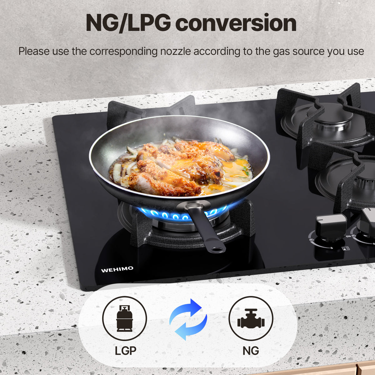 WEHIMO Gas Hob 4 Burner, Glass Built-in Gas Hob, 59cm, 7800W, 4 Cooking Zones (3300W+1750W+1750W+1000W), 4 Zone Gas Hob for Propane Gas and Natural Gas, Black Glass, Suitable for All Pots