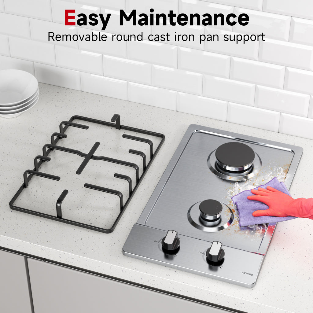 WEHIMO Gas Hob 2 Burners, Gas Hob 2 Burners Stainless Steel, Gas Cooker 2 Burners, Built-in, Cast Iron Grate, 3700W, Town Gas and Bottled Gas