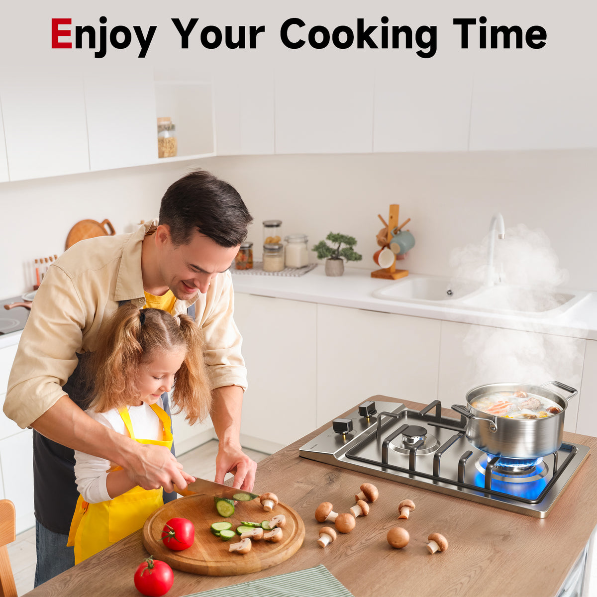 WEHIMO Gas Hob 2 Burners, Gas Hob 2 Burners Stainless Steel, Gas Cooker 2 Burners, Built-in, Cast Iron Grate, 3700W, Town Gas and Bottled Gas