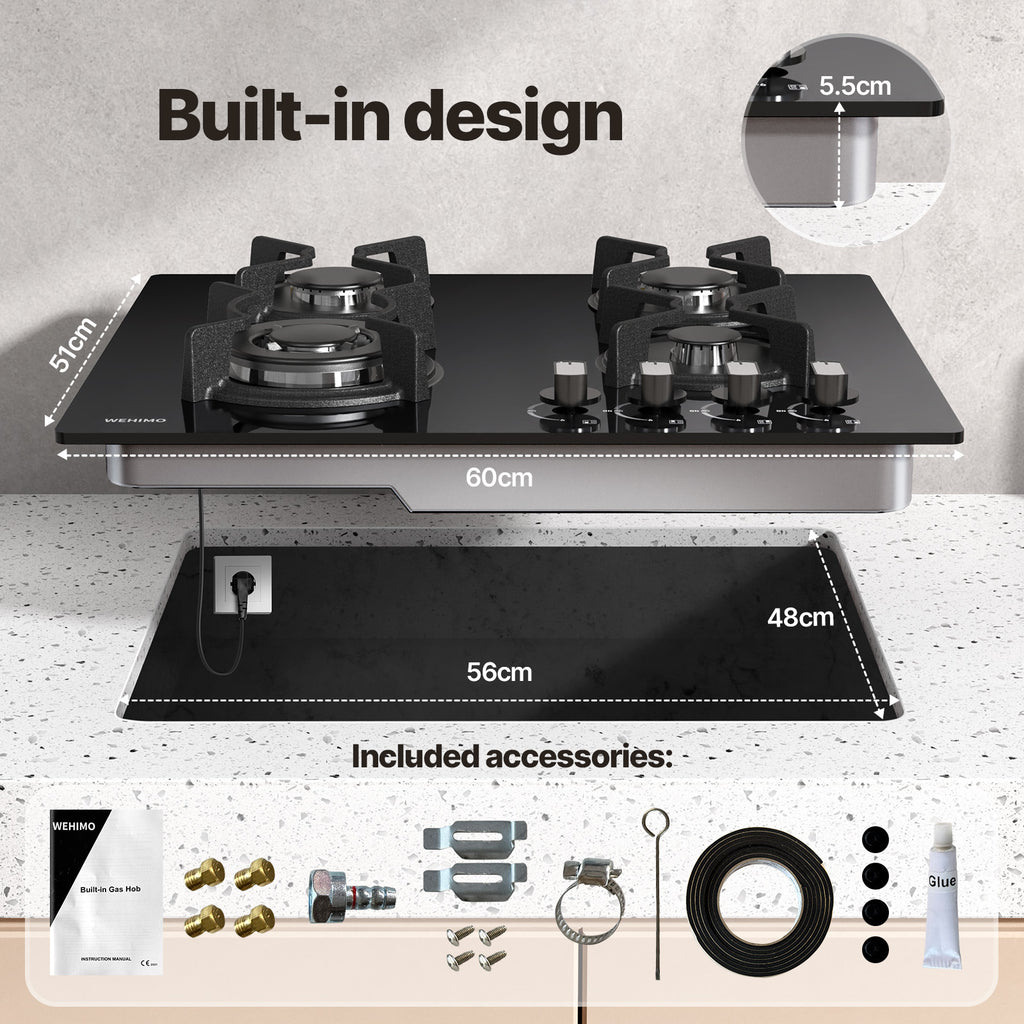 WEHIMO Gas Hob 4 Burner, Glass Built-in Gas Hob, 59cm, 7800W, 4 Cooking Zones (3300W+1750W+1750W+1000W), 4 Zone Gas Hob for Propane Gas and Natural Gas, Black Glass, Suitable for All Pots