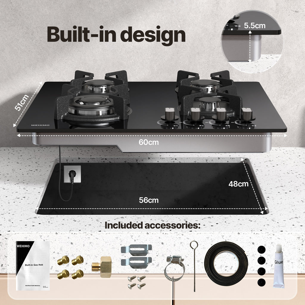 WEHIMO Gas Hob 4 Burner, Glass Built-in Gas Hob, 59cm, 7800W, 4 Cooking Zones (3300W+1750W+1750W+1000W), 4 Zone Gas Hob for Propane Gas and Natural Gas, Black Glass, Suitable for All Pots