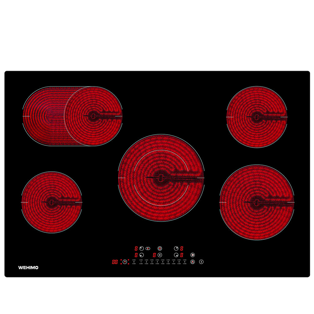 WEHIMO Ceramic Hob 5 Plates 77cm, Hob 8600W, 9 Levels, Touch Control per Zone, Automatic Shut-off, Ceramic Hob Suitable for All Pots and Pans