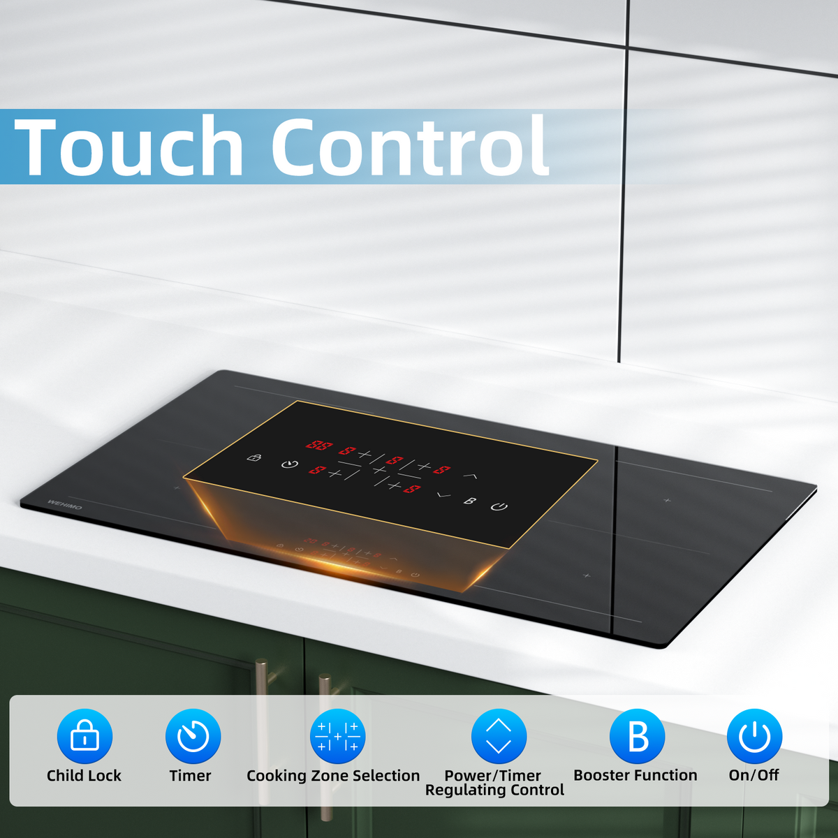 WEHIMO Induction Hob, Induction Hob 5 Plates with Power Booster, 5 Zones Built-in, 9 Power Levels Induction Cooktop 90cm (8600W), 220-240V