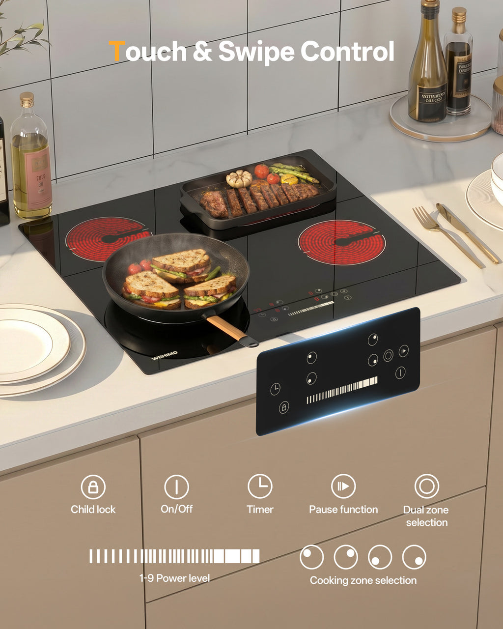 WEHIMO Ceramic Hob 4 Plates, Cooktop 4 Cooking Zones 59CM, 6600W, Double & Oval Cooking Zone, 9 Heat Levels, Touch Control, Child Lock, Timer, Suitable for All Pots