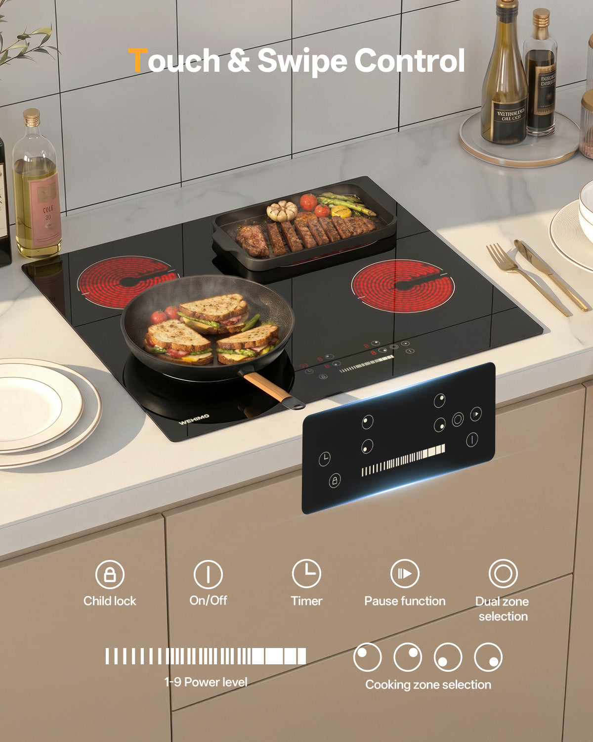 WEHIMO Ceramic Hob 4 Plates, Cooktop 4 Cooking Zones 59CM, 6600W, Double & Oval Cooking Zone, 9 Heat Levels, Touch Control, Child Lock, Timer, Suitable for All Pots