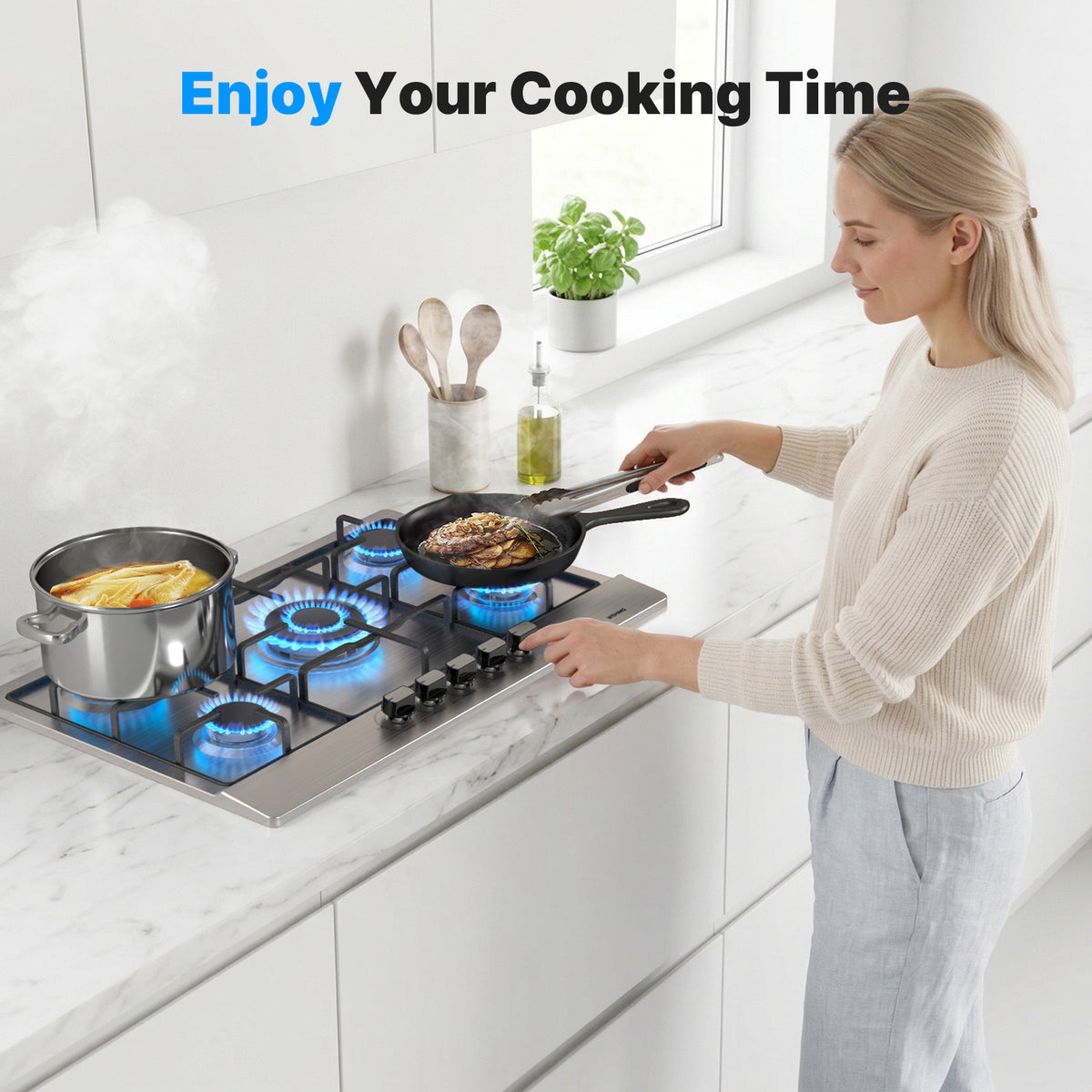 Gas Hob 5 Burners Stainless Steel, Built-in Hob 76 cm, 10500 W, Slim Profile, Flame-Out Protection, Natural Gas/Propane/Butane, 76x50x4.5 cm