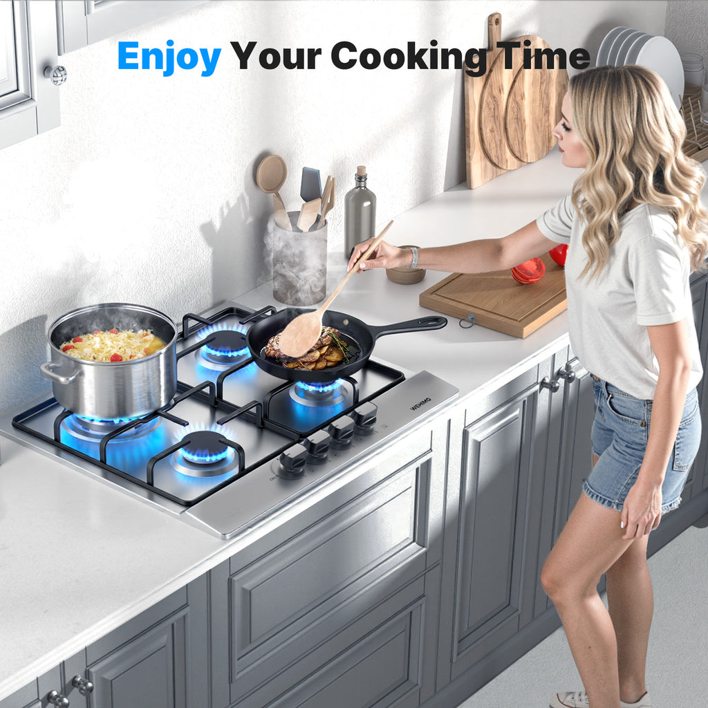 WEHIMO Gas Hob 4 Burners, Gas Hob 4 Burners Stainless Steel, Gas Cooker 4 Burners Built-in, Cast Iron Grate, 7200W, Town Gas and Bottled Gas