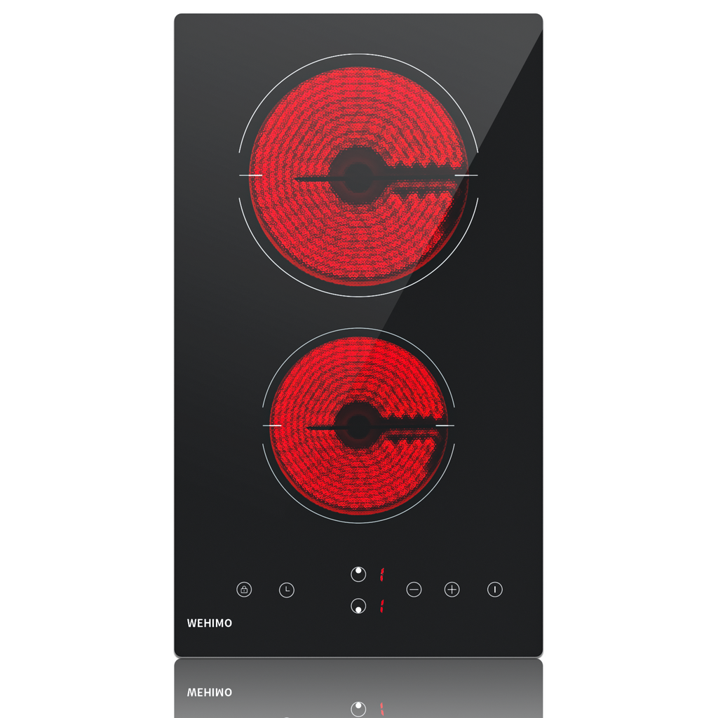 WEHIMO Ceramic Hob 2 Plates, Domino Ceramic Hob, 29.5cm, 3000W, 2 Cooking Zones (1800W+1200W), 9 Heat Levels, Touch Control, Child Lock, 1-99min Timer, Suitable for All Pots
