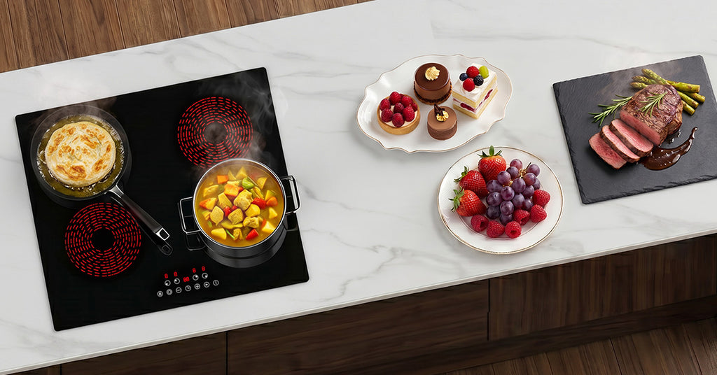 WEHIMO Ceramic Hob 4 Plates 6600W, Double Ring Cooking Surface, 9 Heat Levels, Touch Control, Child Lock, 1-99 Timer, Suitable for All Pots, 59CM