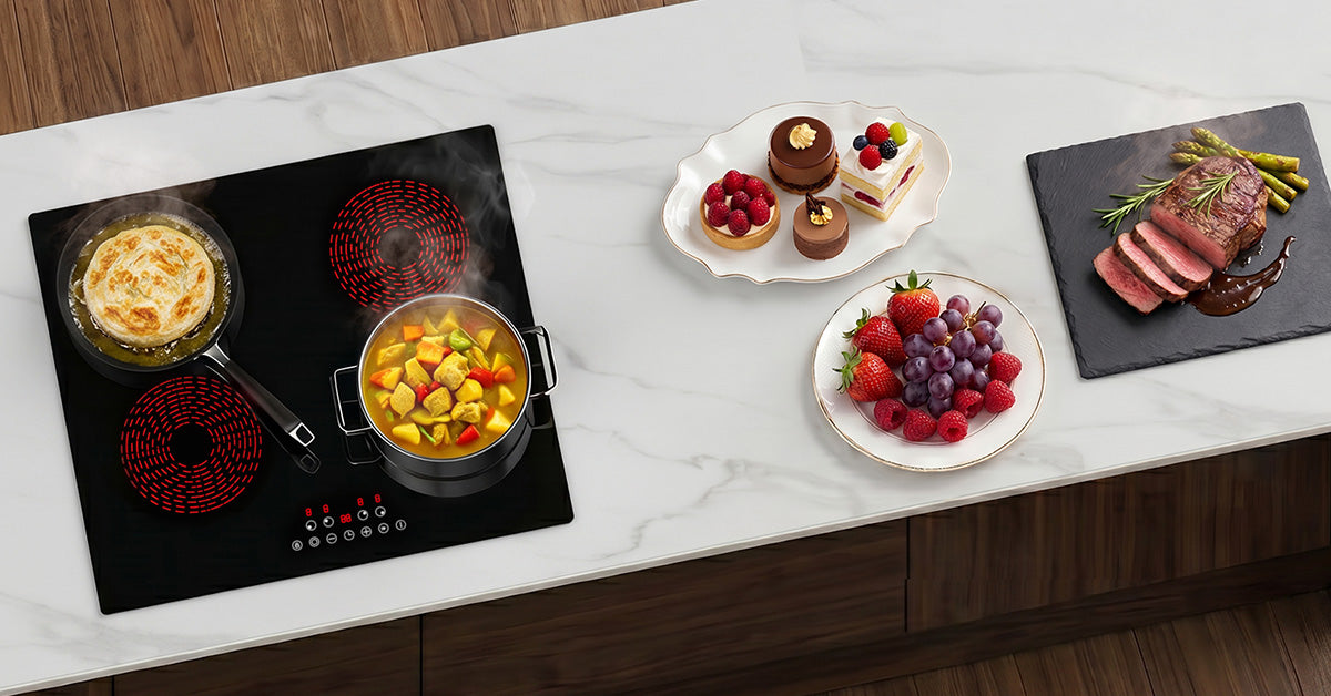 WEHIMO Ceramic Hob 4 Plates 6600W, Double Ring Cooking Surface, 9 Heat Levels, Touch Control, Child Lock, 1-99 Timer, Suitable for All Pots, 59CM