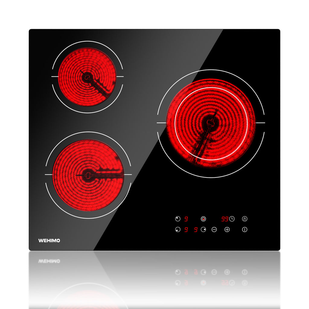 WEHIMO Ceramic Hob 3 Burners 5500W, Extra Large Zone 25 cm, 9 Power Levels, Touch Control, Child Safety, Timer, Black