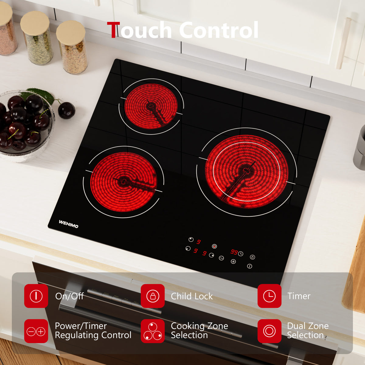 WEHIMO Ceramic Hob 3 Burners 5500W, Extra Large Zone 25 cm, 9 Power Levels, Touch Control, Child Safety, Timer, Black