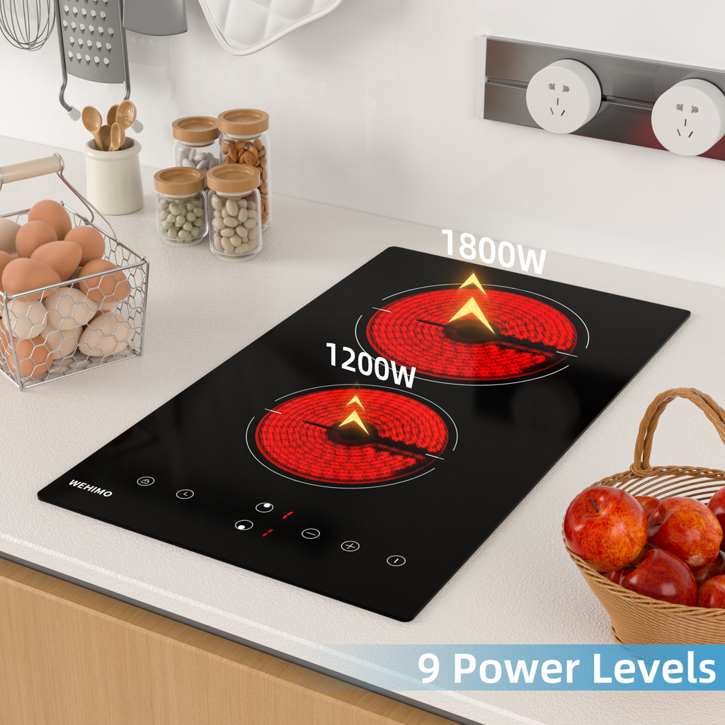 WEHIMO Ceramic Hob 2 Plates, Domino Ceramic Hob, 29.5cm, 3000W, 2 Cooking Zones (1800W+1200W), 9 Heat Levels, Touch Control, Child Lock, 1-99min Timer, Suitable for All Pots
