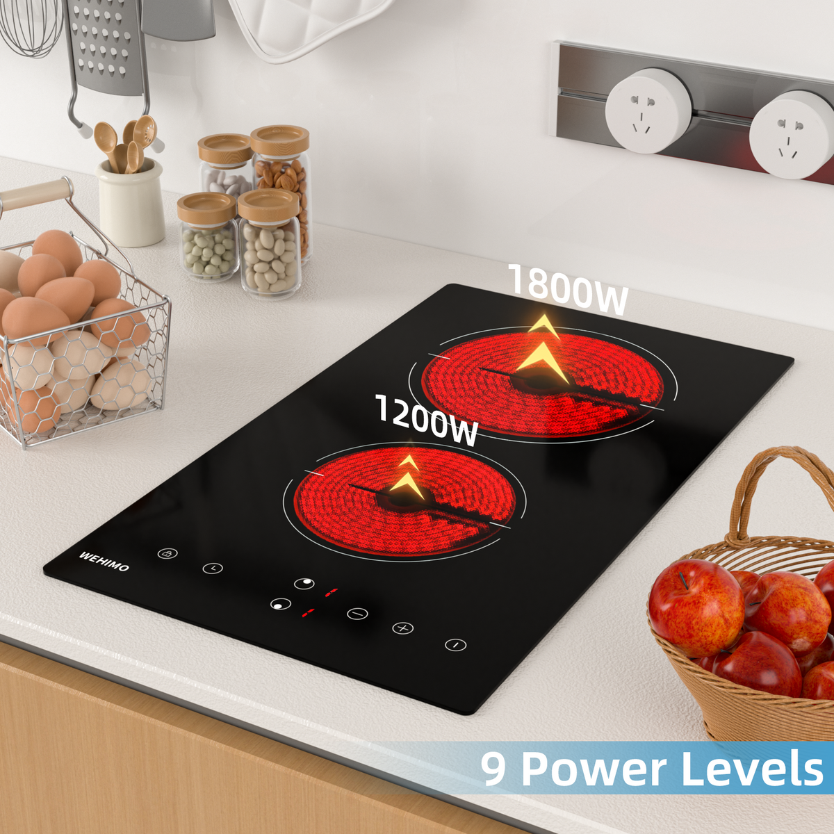 WEHIMO Ceramic Hob 2 Plates, Domino Ceramic Hob, 29.5cm, 3000W, 2 Cooking Zones (1800W+1200W), 9 Heat Levels, Touch Control, Child Lock, 1-99min Timer, Suitable for All Pots