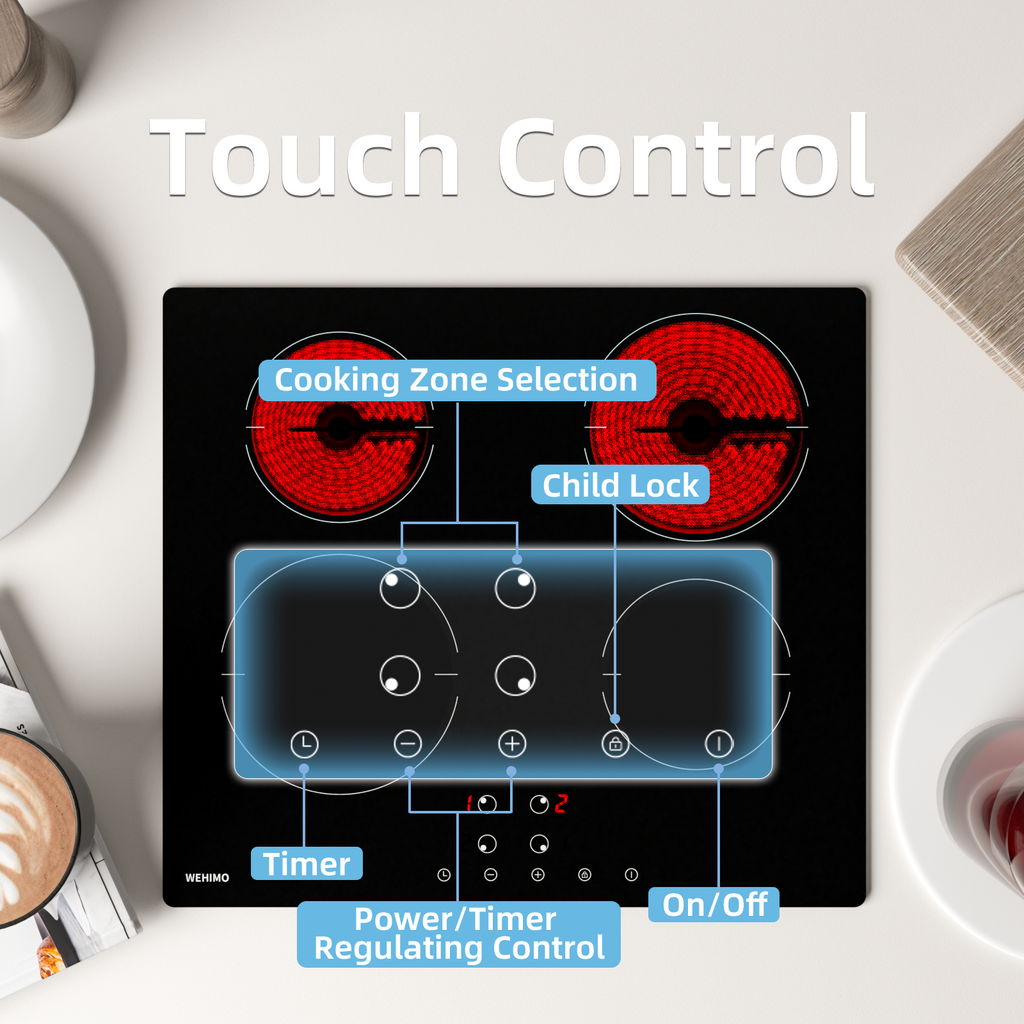 Ceramic Hob 4 Plates, WEHIMO Ceramic Hob 60cm, 6000W, 4 Cooking Zones with Dual Cooking Zone, 9 Levels, Child Lock, Timer, Built-in Frameless Ceramic Hob, Suitable for All Pots