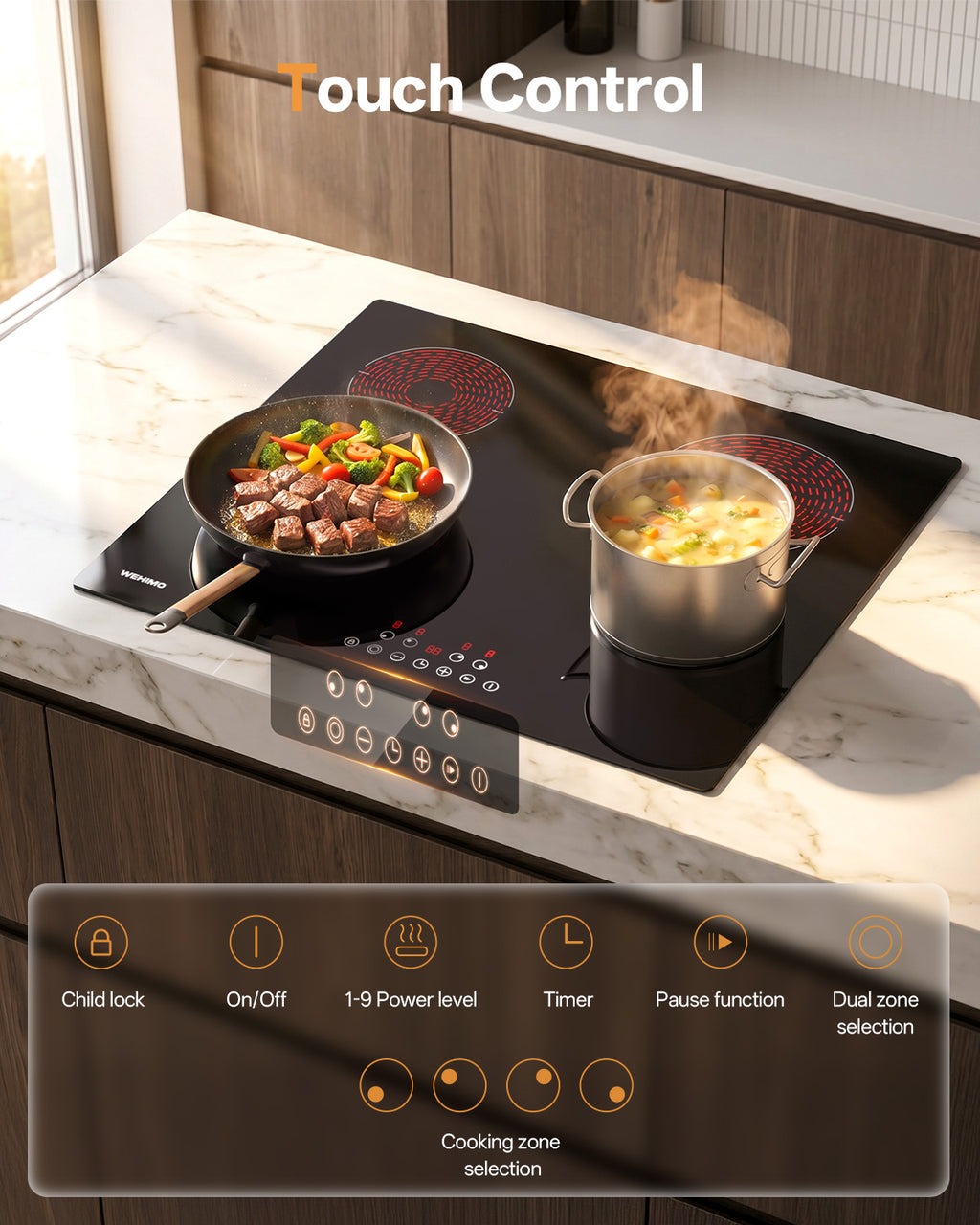 WEHIMO Ceramic Hob 4 Plates 6600W, Double Ring Cooking Surface, 9 Heat Levels, Touch Control, Child Lock, 1-99 Timer, Suitable for All Pots, 59CM