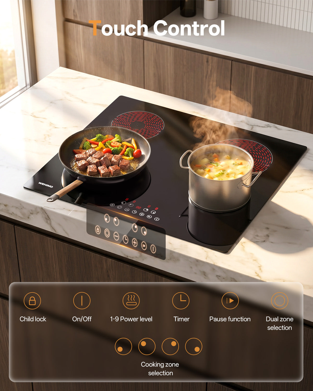 WEHIMO Ceramic Hob 4 Plates 6600W, Double Ring Cooking Surface, 9 Heat Levels, Touch Control, Child Lock, 1-99 Timer, Suitable for All Pots, 59CM
