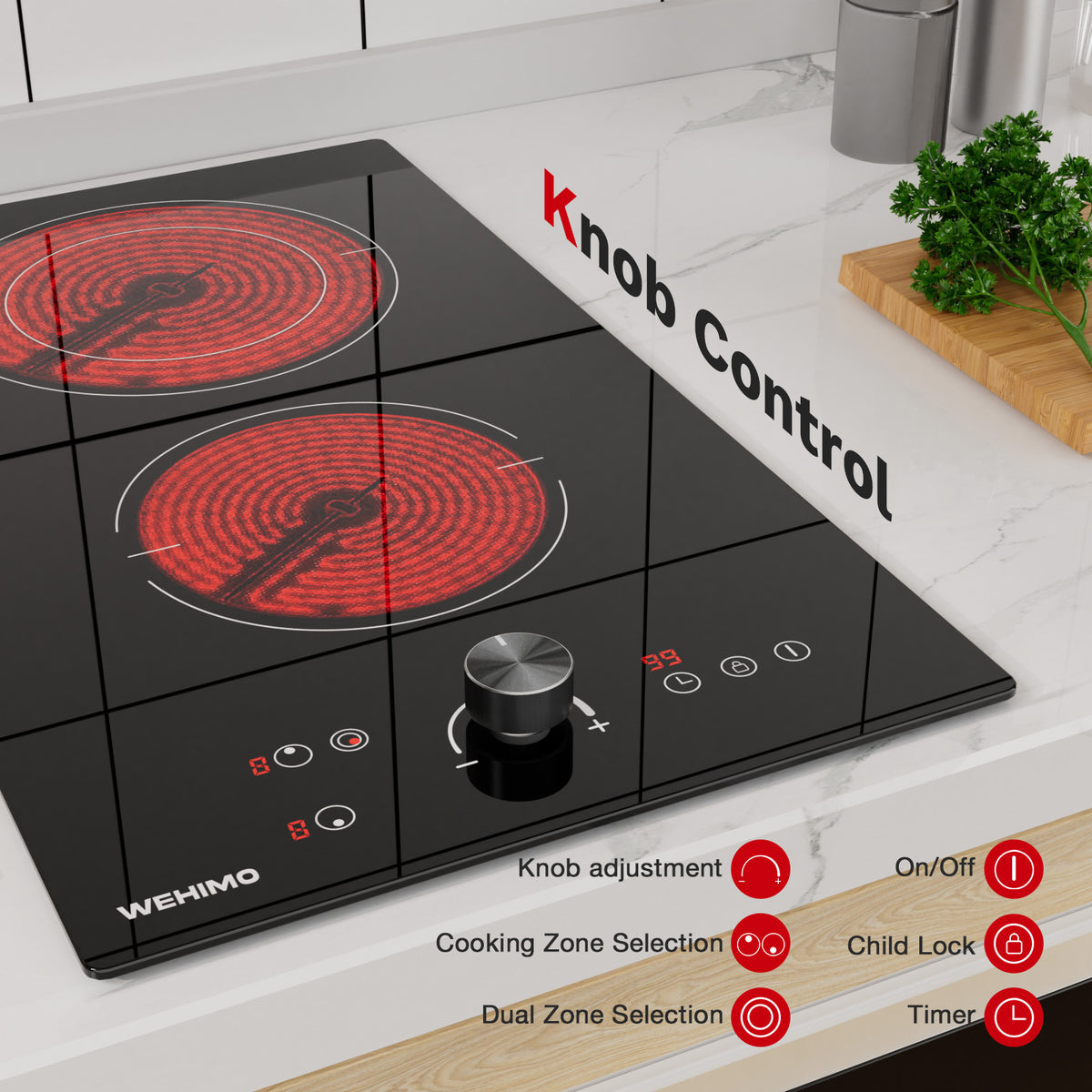 WEHIMO Ceramic Hob 2 Plates, 3400W (2200W+1200W), Rotary Knob Control, Double Ring Burner, 9 Heat Levels, Touch Control, Child Lock, 1-99min Timer, Suitable for All Pots