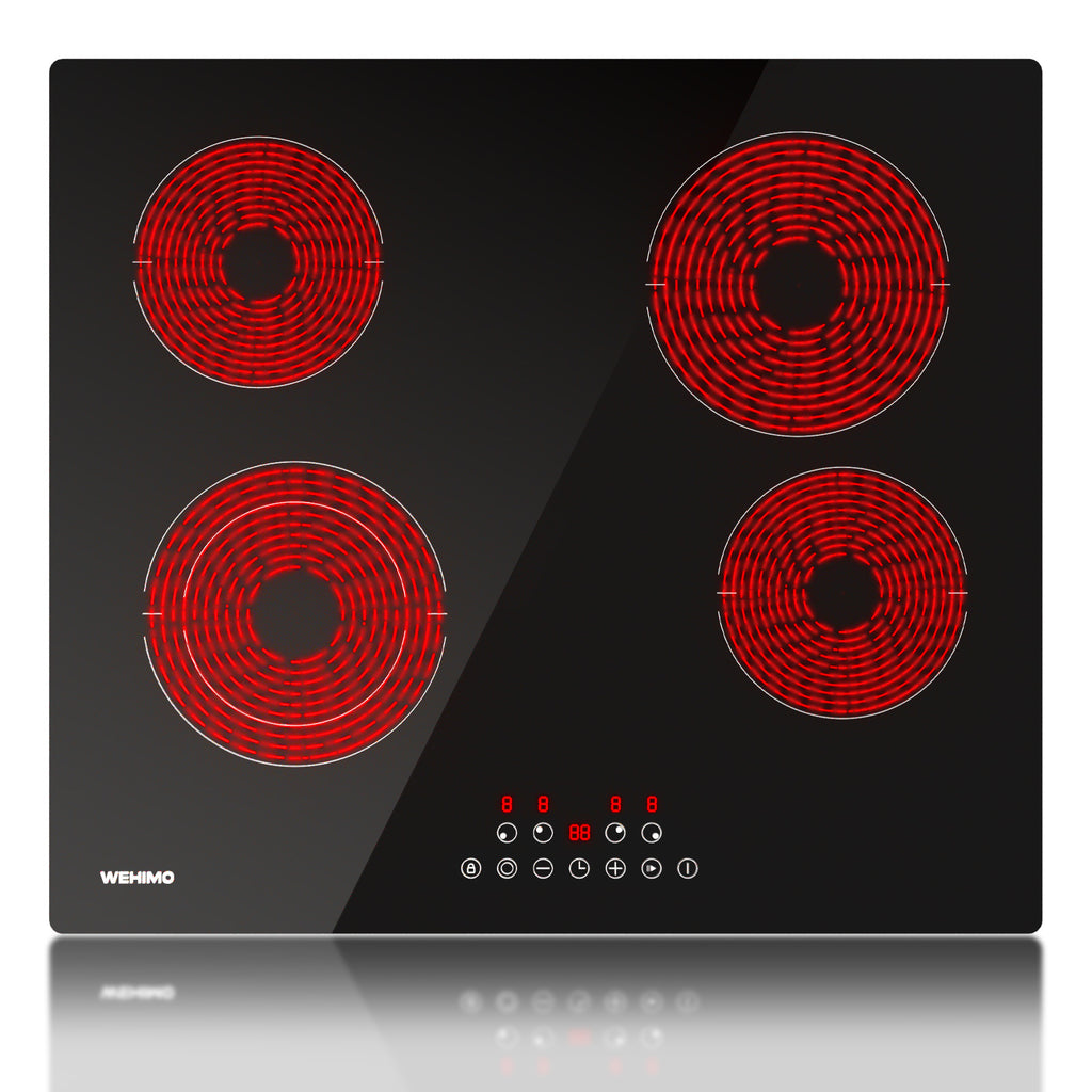 WEHIMO Ceramic Hob 4 Plates 6600W, Double Ring Cooking Surface, 9 Heat Levels, Touch Control, Child Lock, 1-99 Timer, Suitable for All Pots, 59CM