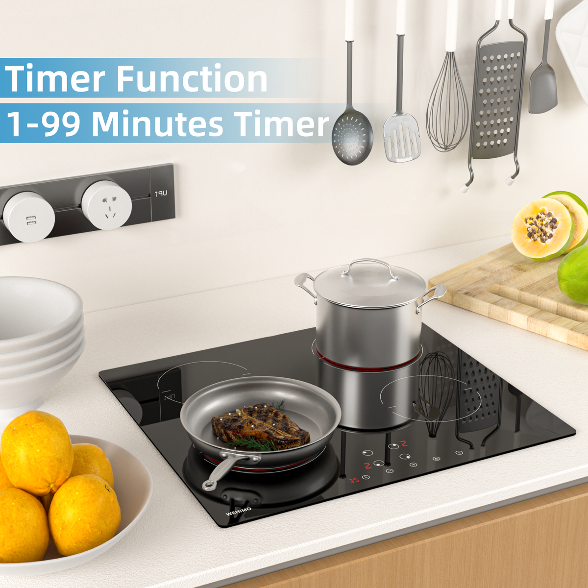 Ceramic Hob 4 Plates, WEHIMO Ceramic Hob 60cm, 6000W, 4 Cooking Zones with Dual Cooking Zone, 9 Levels, Child Lock, Timer, Built-in Frameless Ceramic Hob, Suitable for All Pots