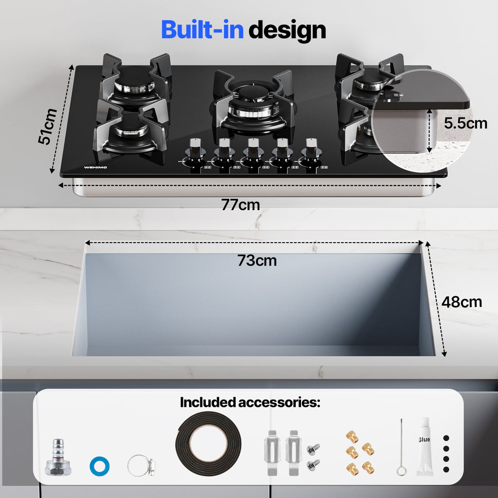 Gas Hob 5 Burners, WEHIMO Built-in Cooktop, Gas Hob 77cm, 10500W, Cast Iron Grate, Town Gas and Bottled Gas, Black Glass