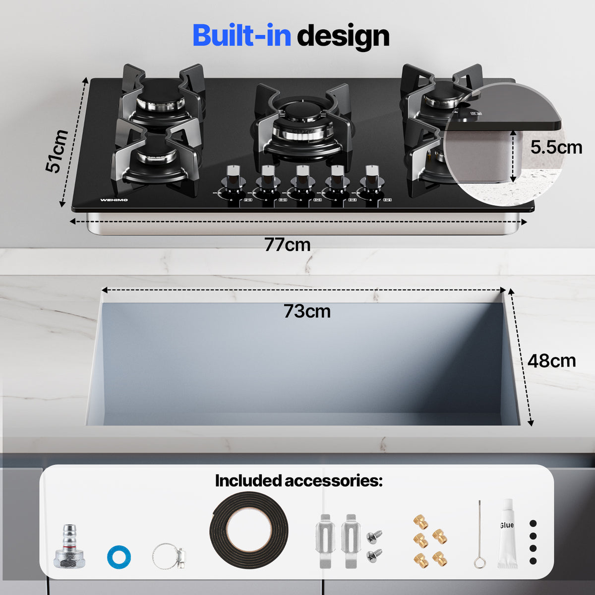 Gas Hob 5 Burners, WEHIMO Built-in Cooktop, Gas Hob 77cm, 10500W, Cast Iron Grate, Town Gas and Bottled Gas, Black Glass