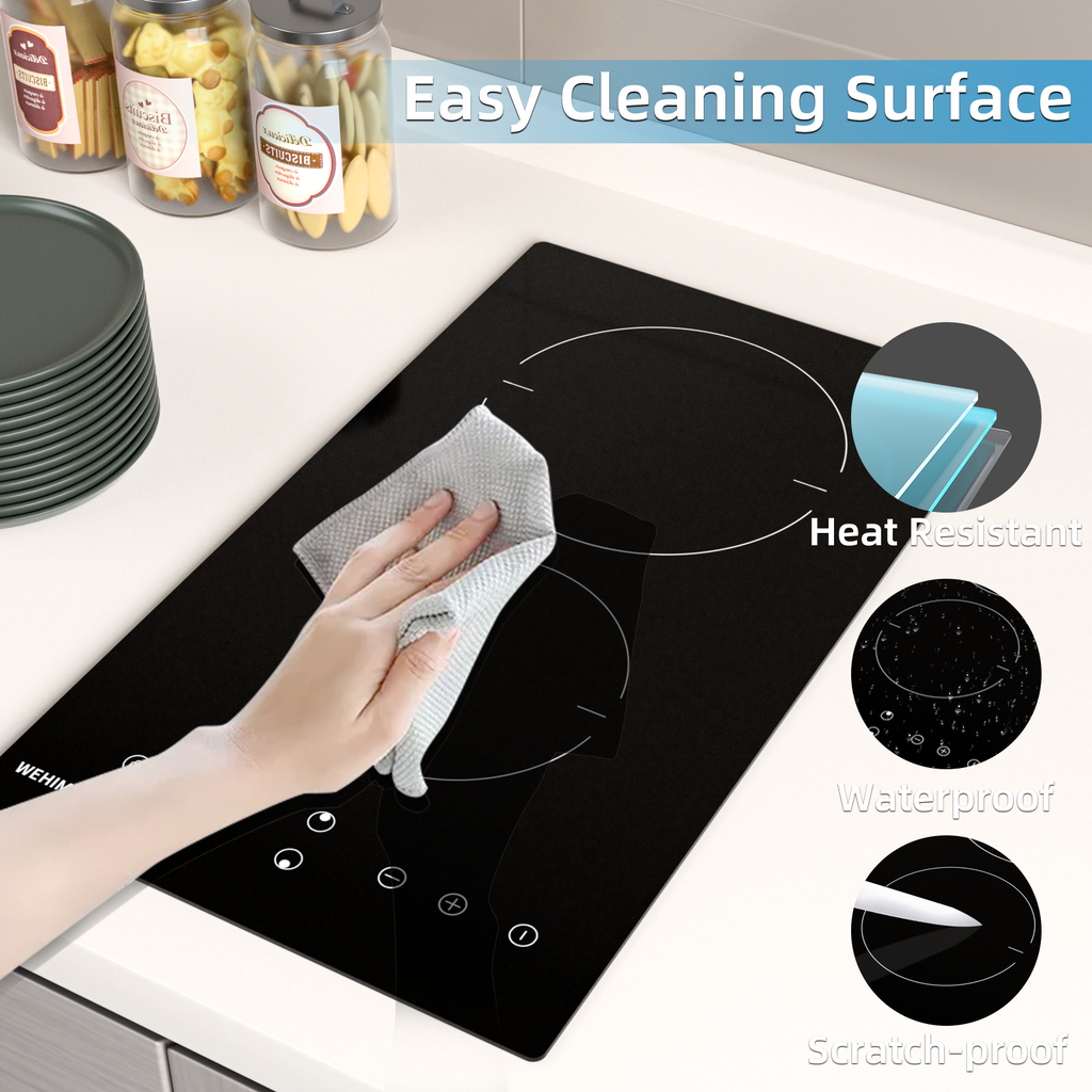 WEHIMO Ceramic Hob 2 Plates, Domino Ceramic Hob, 29.5cm, 3000W, 2 Cooking Zones (1800W+1200W), 9 Heat Levels, Touch Control, Child Lock, 1-99min Timer, Suitable for All Pots