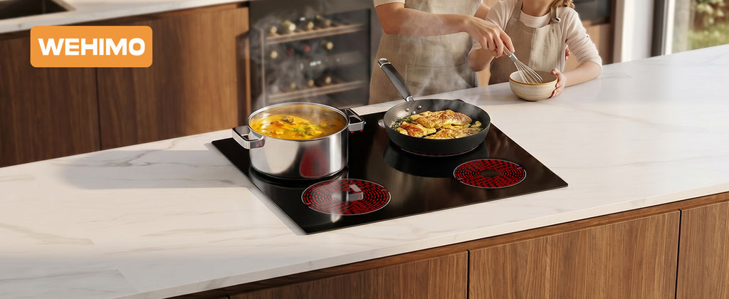 WEHIMO Ceramic Hob 4 Plates 6600W, Double Ring Cooking Surface, 9 Heat Levels, Touch Control, Child Lock, 1-99 Timer, Suitable for All Pots, 59CM
