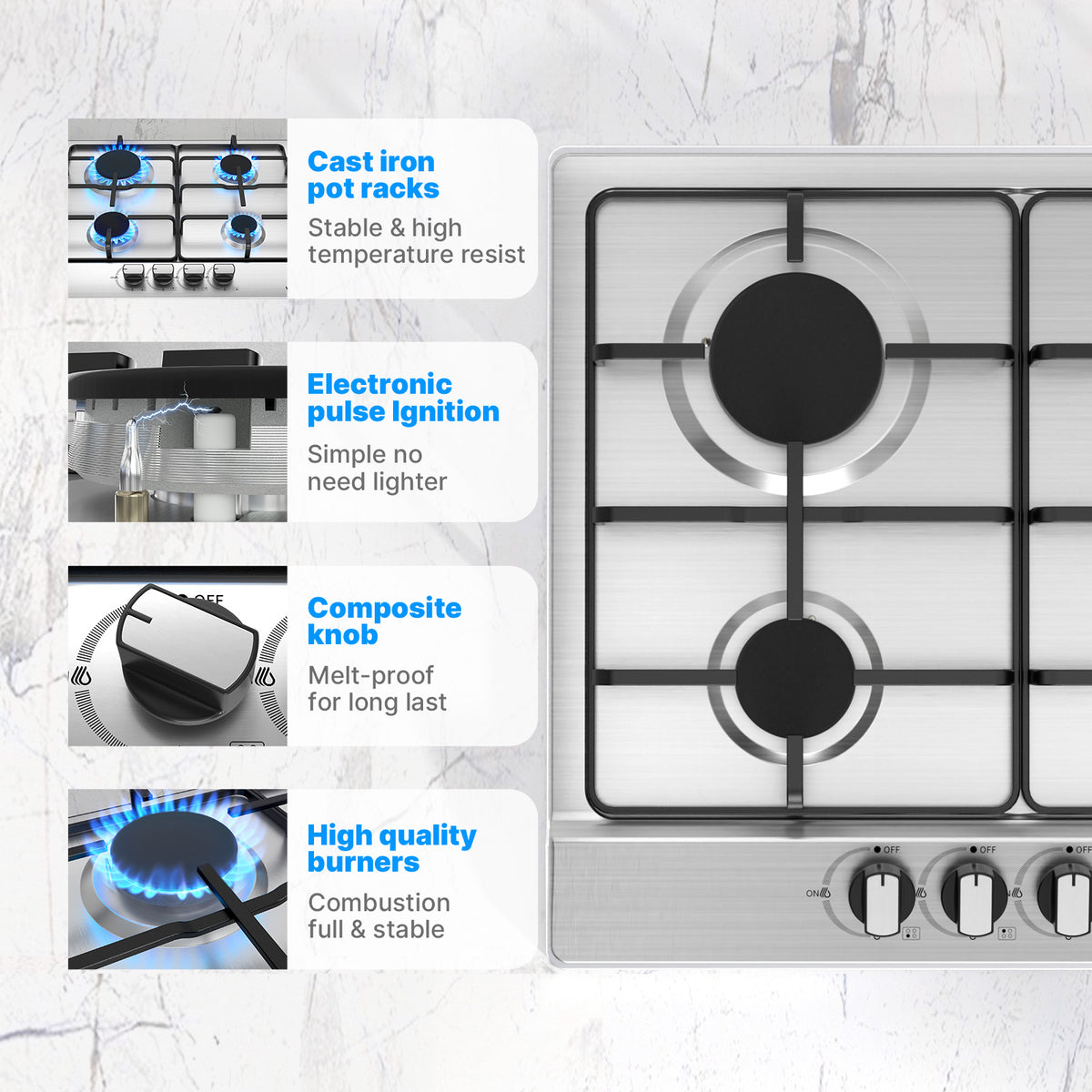 WEHIMO Gas Hob 4 Burners, Gas Hob 4 Burners Stainless Steel, Gas Cooker 4 Burners Built-in, Cast Iron Grate, 7200W, Town Gas and Bottled Gas