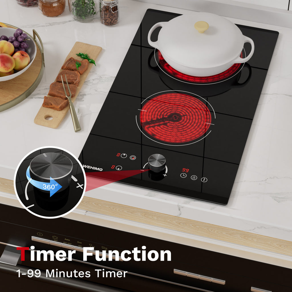 WEHIMO Ceramic Hob 2 Plates, 3400W (2200W+1200W), Rotary Knob Control, Double Ring Burner, 9 Heat Levels, Touch Control, Child Lock, 1-99min Timer, Suitable for All Pots