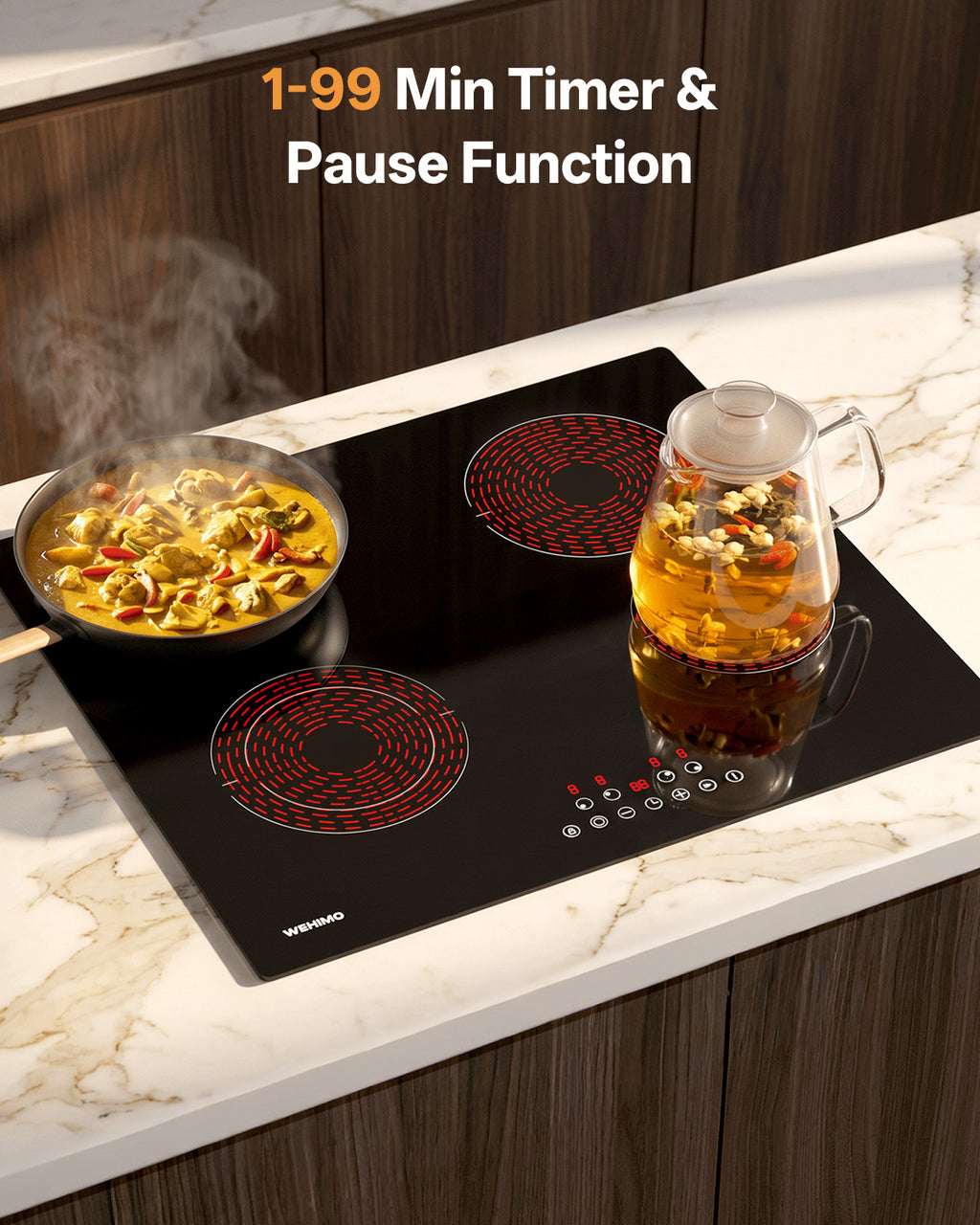 WEHIMO Ceramic Hob 4 Plates 6600W, Double Ring Cooking Surface, 9 Heat Levels, Touch Control, Child Lock, 1-99 Timer, Suitable for All Pots, 59CM