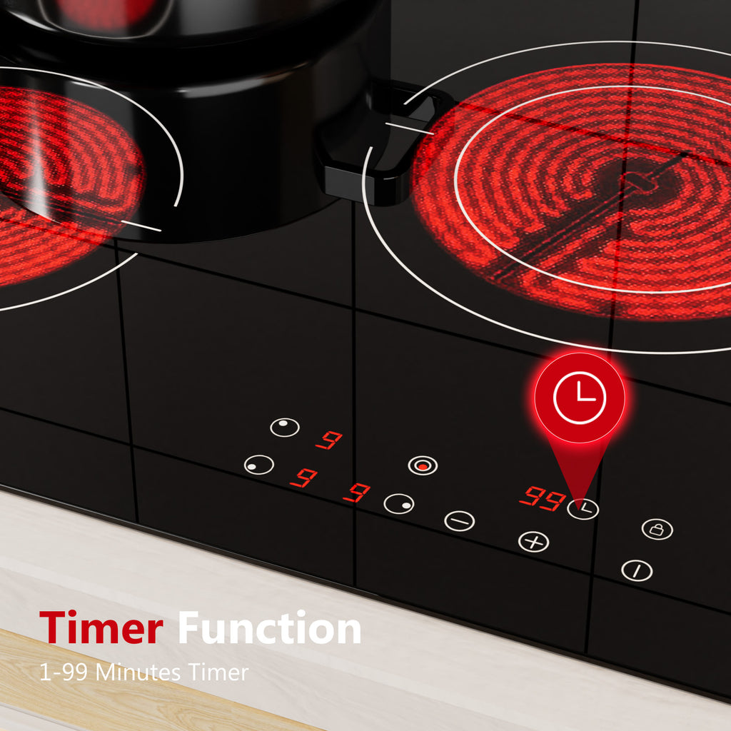 WEHIMO Ceramic Hob 3 Burners 5500W, Extra Large Zone 25 cm, 9 Power Levels, Touch Control, Child Safety, Timer, Black