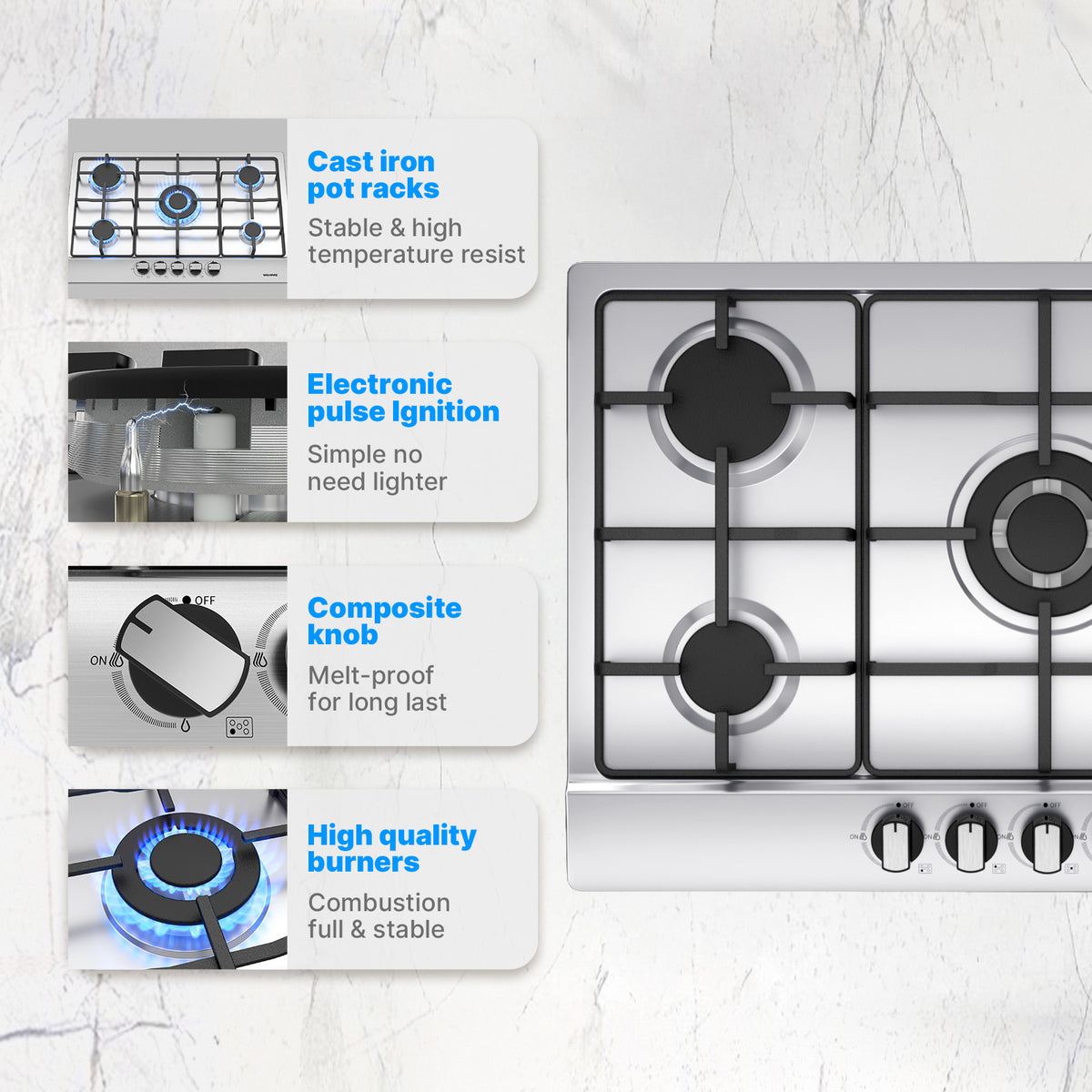 Gas Hob 5 Burners Stainless Steel, Built-in Hob 76 cm, 10500 W, Slim Profile, Flame-Out Protection, Natural Gas/Propane/Butane, 76x50x4.5 cm