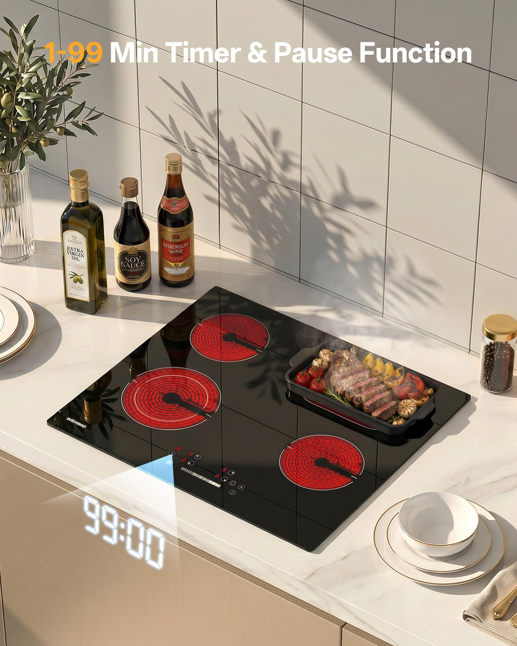 WEHIMO Ceramic Hob 4 Plates, Cooktop 4 Cooking Zones 59CM, 6600W, Double & Oval Cooking Zone, 9 Heat Levels, Touch Control, Child Lock, Timer, Suitable for All Pots